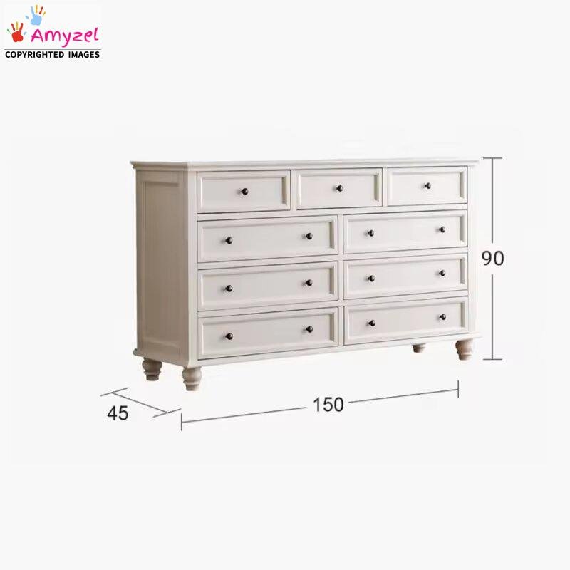 Product dimension diagram for an off-white 9-drawer dresser measuring 150 cm in width, 45 cm in depth, and 90 cm in height.