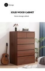 Tall dark walnut storage cabinet featuring two key-lock top drawers, four wide lower drawers.