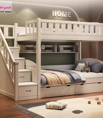 Space-saving Sheesham wood bunk bed for kids with stairs and built-in storage for small or shared bedrooms