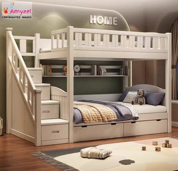 Space-saving Sheesham wood bunk bed for kids with stairs and built-in storage for small or shared bedrooms