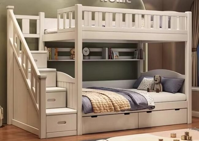 Space-saving Sheesham wood bunk bed for kids with stairs and built-in storage for small or shared bedrooms