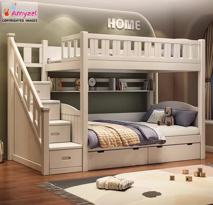 Space-saving Sheesham wood bunk bed for kids with stairs and built-in storage for small or shared bedrooms