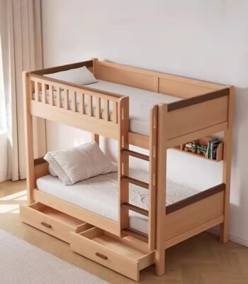 Solid wood bunk bed with drawers for kids and teenagers – durable Sheesham wood bunk bed with built-in storage, ladder, and safety rails for compact bedrooms.