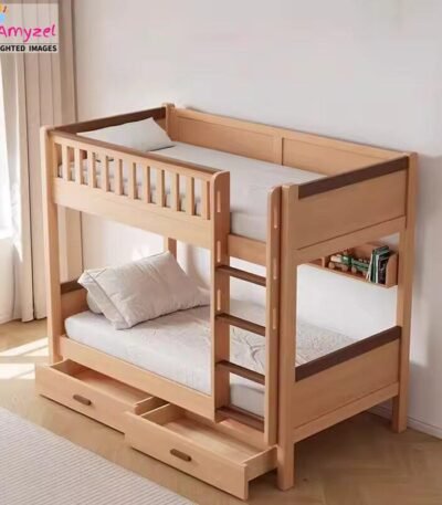 Solid wood bunk bed with drawers for kids and teenagers – durable Sheesham wood bunk bed with built-in storage, ladder, and safety rails for compact bedrooms.