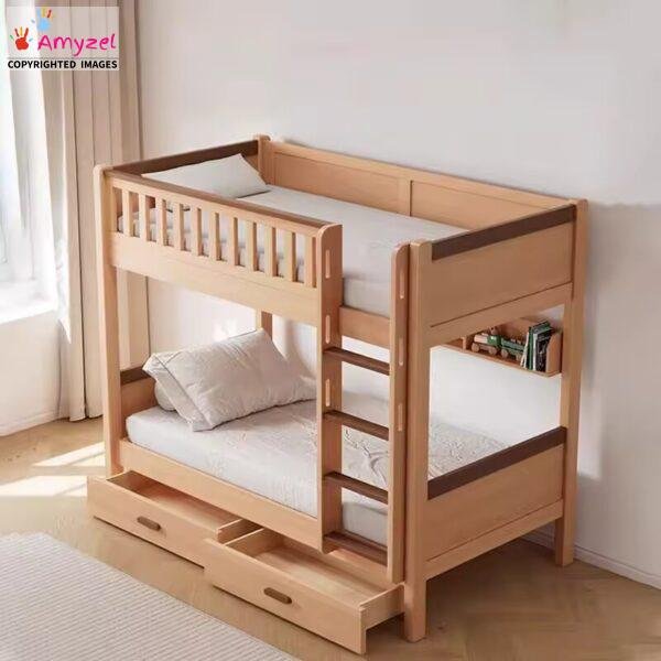 Solid wood bunk bed with drawers for kids and teenagers – durable Sheesham wood bunk bed with built-in storage, ladder, and safety rails for compact bedrooms.
