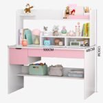 Product dimension diagram for a white and pastel pink children's study desk with built-in hutch shelving, measuring 100 cm wide, 48 cm deep, and 120 cm high.