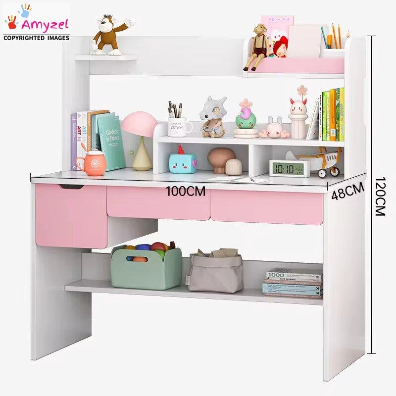 Product dimension diagram for a white and pastel pink children's study desk with built-in hutch shelving, measuring 100 cm wide, 48 cm deep, and 120 cm high.