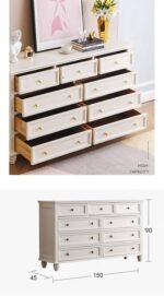 Off-white 9-drawer chest with all drawers pulled open showing storage depth alongside a product dimension schematic.