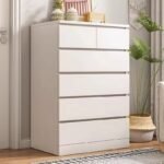 Modern white 6-drawer storage cabinet with a split top drawer tier for small accessories and four large lower drawers.