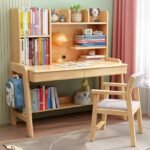 Light natural wood study desk and chair set shown on a white background with product dimension callouts in centimeters.