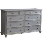 Slate gray 9-drawer wooden double dresser featuring three small top drawers, six wide lower drawers, turned bun feet, and dark metal knob pulls.