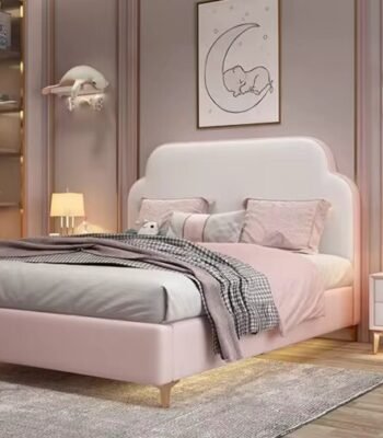 Solid wood childrens bed with a sturdy frame, rounded edges, and a modern design, ensuring safety and durability for growing kids.