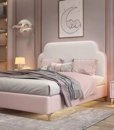 Solid wood childrens bed with a sturdy frame, rounded edges, and a modern design, ensuring safety and durability for growing kids.