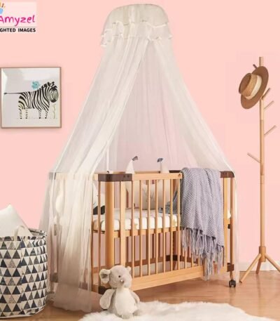 Sheesham Wood Baby Crib with Wheels featuring a sleek design, rounded edges, and built-in wheels for easy mobility in a modern nursery.