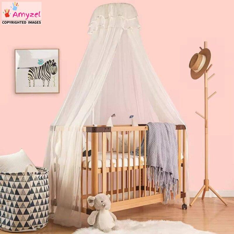 Sheesham Wood Baby Crib with Wheels featuring a sleek design, rounded edges, and built-in wheels for easy mobility in a modern nursery.