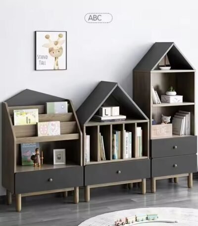 Three-piece bookshelf set for kids, wooden shelves for storing books, toys, and decorative items in bedrooms or playrooms.