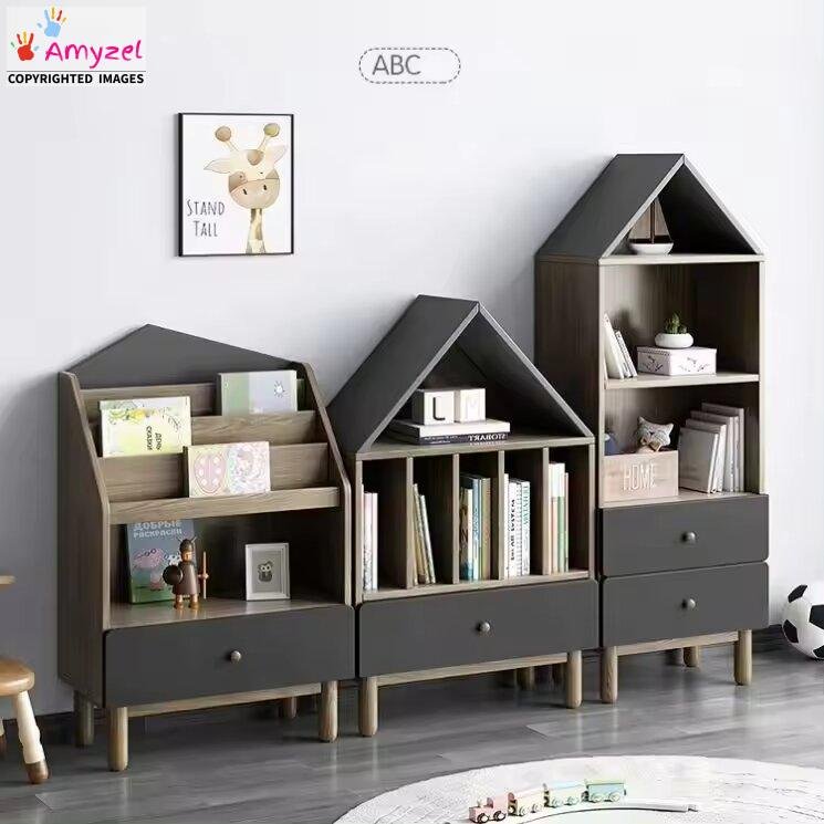 Three-piece bookshelf set for kids, wooden shelves for storing books, toys, and decorative items in bedrooms or playrooms.