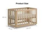 Product size diagram for a natural wood slatted mobile baby crib on caster wheels, indicating dimensions of 124 cm length, 70 cm width, and 82 cm height.