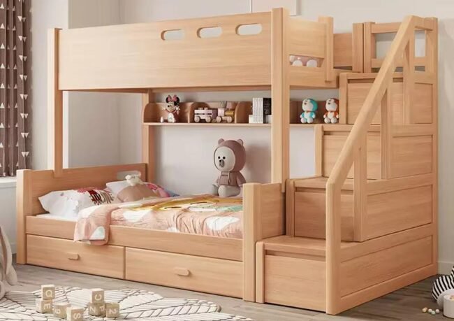 Light natural wood bunk bed featuring a right-side integrated 4-step storage staircase with drawers, built-in display shelf, and dual pull-out storage drawers.