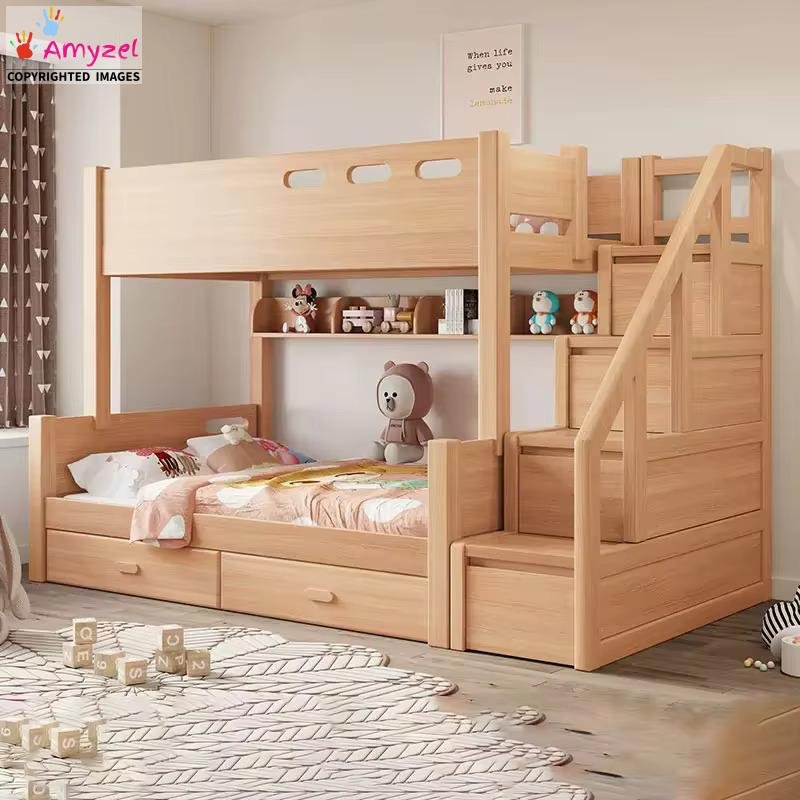 Eco-Friendly Sheesham Wood Bunk Bed with Storage  pine color Eco-Friendly Sheesham Wood Bunk Bed with Storage pine color