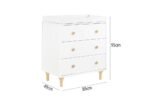 Product diagram of a modern white 3-drawer dresser / changing table with natural wooden knobs and splayed legs, labeled with dimensions (95 cm H × 85 cm W × 49 cm D).