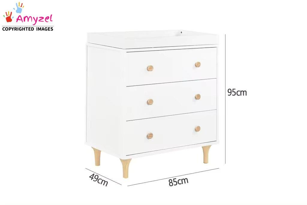Product diagram of a modern white 3-drawer dresser / changing table with natural wooden knobs and splayed legs, labeled with dimensions (95 cm H × 85 cm W × 49 cm D).