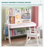 White study desk set with a pink highlighted overlay around the desk base, featuring the header text: "DOUBLE DRAWER STORAGE DESIGN".