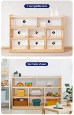 Natural wood low 8-compartment kids bookshelf showing a numbered storage layout guide above a real-life playroom setup with storage bins.