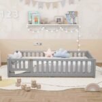 Montessori floor bed for kids with a low-height design, made from durable non-toxic materials, encouraging independence and safety