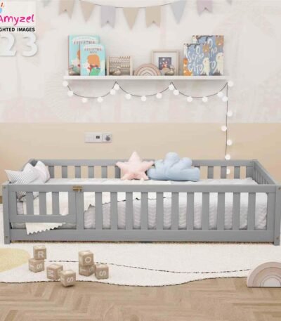 Montessori floor bed for kids with a low-height design, made from durable non-toxic materials, encouraging independence and safety