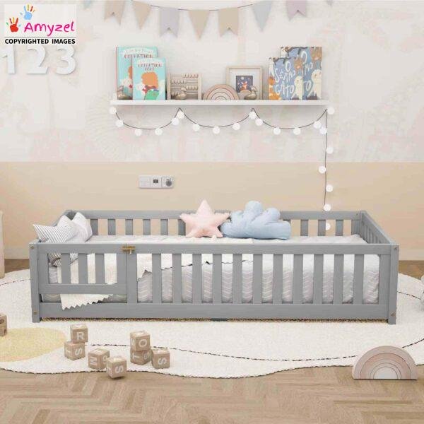 Montessori floor bed for kids with a low-height design, made from durable non-toxic materials, encouraging independence and safety