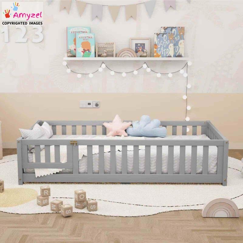 Montessori floor bed for kids with a low-height design, made from durable non-toxic materials, encouraging independence and safety