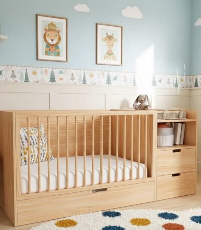 Versatile baby crib with drawers made from solid wood for nursery storage