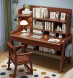 study table with chair for students with attached bookshelf