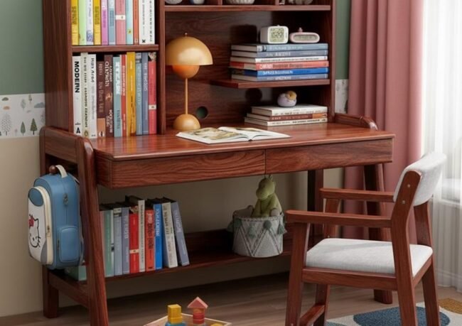 Rich dark mahogany finish wooden writing desk with a multi-shelf organizer hutch, under-desk book storage, a hanging backpack hook, and an ergonomic white cushioned study chair.