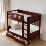 Rich dark cherry/ mahogany wood children's bunk bed with a vertical ladder, robust slatted guardrails, a built-in utility shelf on the lower level, and pull-out storage drawers loaded with toys and books.
