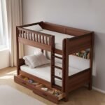 Medium walnut finish wooden twin bunk bed frame, featuring a built-in front ladder, secure top safety rails, an internal book rack, and twin under-bed storage drawers filled with children's toys.