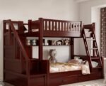 Amyzel premium dark cherry / mahogany wood bunk bed with a front climbing ladder and a side storage staircase, multi-functional double-decker kids bed with a built-in display shelf.