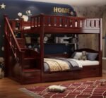 Dark mahogany finish solid wood bunk bed for kids with staircase drawers and storage