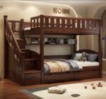 walnut brown wooden kids bunk bed with storage