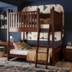 walnut finish wooden bunk bed with front ladder access, Amyzel space-saving double-decker kids bed styled in a contemporary bedroom