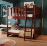 mahogany stained wooden kids bunk bed with attached ladder