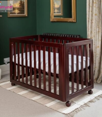 Sheesham Wood Infant Crib | Baby Cot with Wheels mahogany stain