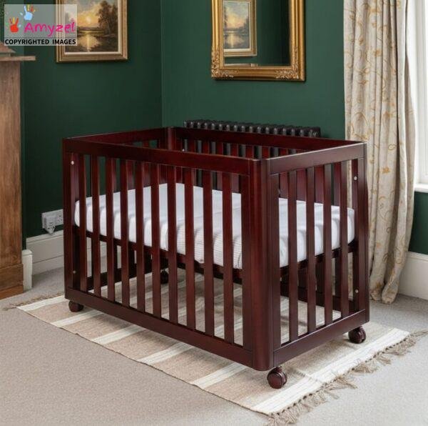 Sheesham Wood Infant Crib | Baby Cot with Wheels mahogany stain