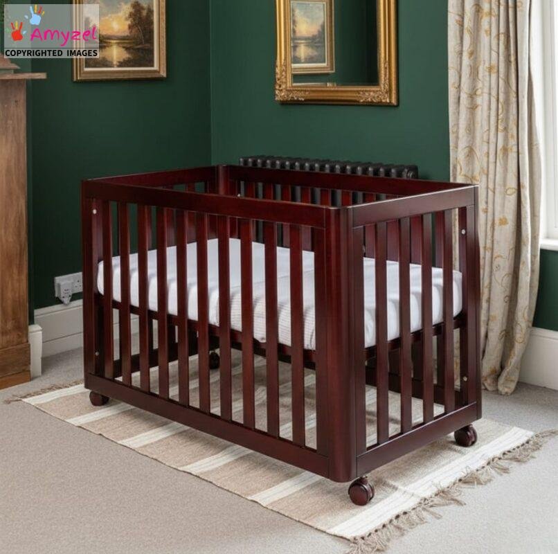 Sheesham Wood Infant Crib | Baby Cot with Wheels mahogany stain