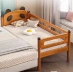 Amyzel wooden co-sleeper baby bed attached to parent's bed, cute cartoon bear ears design on headboard, side guardrail with cutout handle.