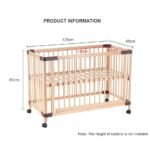 Technical product information diagram for the natural solid wood slatted crib, showing outer dimensions of 125 cm length, 65 cm width, and 80 cm height.