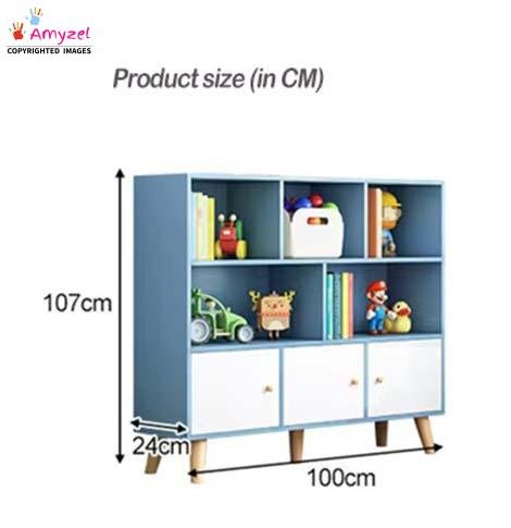 Product dimension diagram for the blue children's bookshelf showing measurements of 107 cm high, 100 cm wide, and 24 cm depth