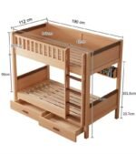 Technical specification diagram for a light solid wood bunk bed, detailing frame dimensions including 190 cm length, 112 cm width, 42 cm top guardrail depth, and 90 cm lower bunk height.