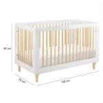 Product size specification diagram for the modern white and natural wood slatted baby crib, indicating dimensions of 136 cm length, 76 cm width, and 90 cm height.
